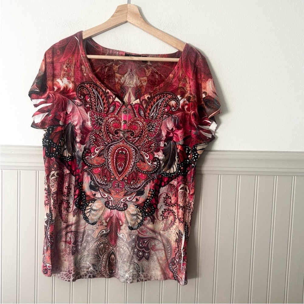 Y2K Bling Rhinestone Apt. 9 Size XL Red Paisley Short Sleeve Top